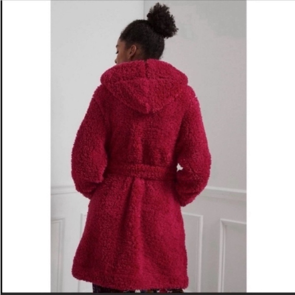 Anthropologie Sherpa Hooded Robe Magenta Belted Cozy Lounge Coat Large NWT - Picture 6 of 7